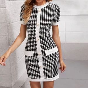 Front Button Houndstooth Pattern Mini Dress Petite